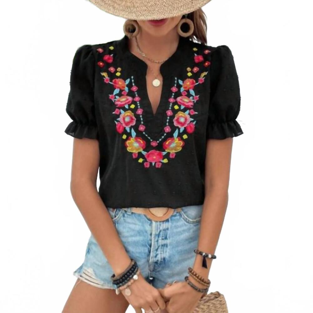 NEW ROSA CLOTHING women's swiss dot puff sleeve floral embroidery top in black